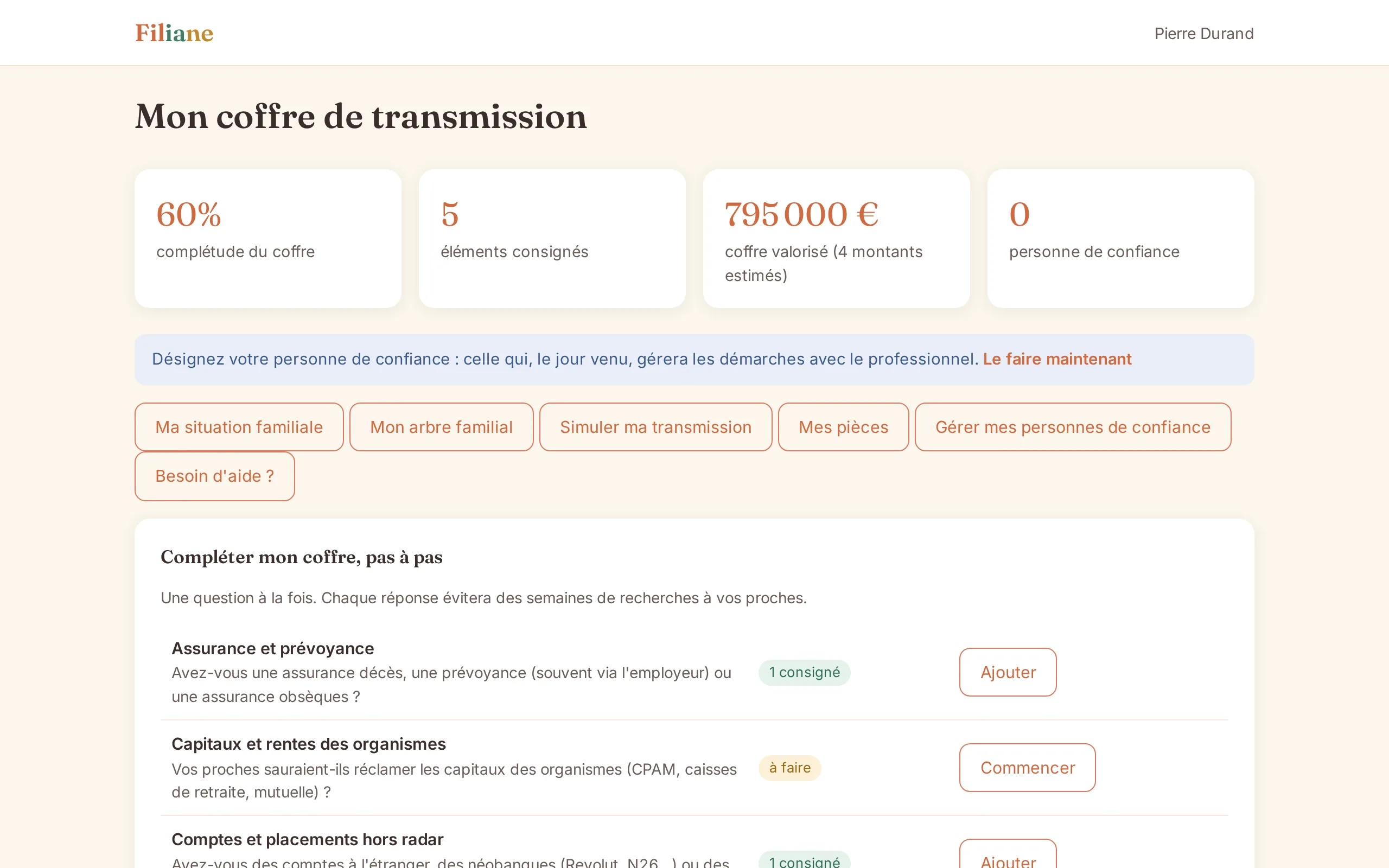 Coffre famille : complétude guidée par catégories