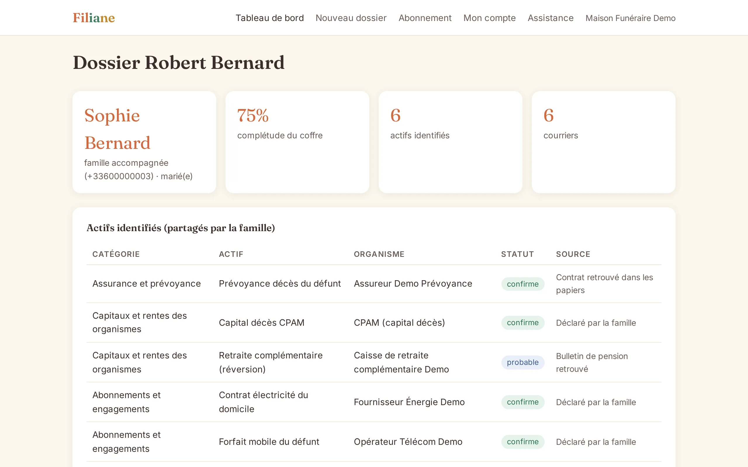 Courriers du dossier : statuts, validation et relances